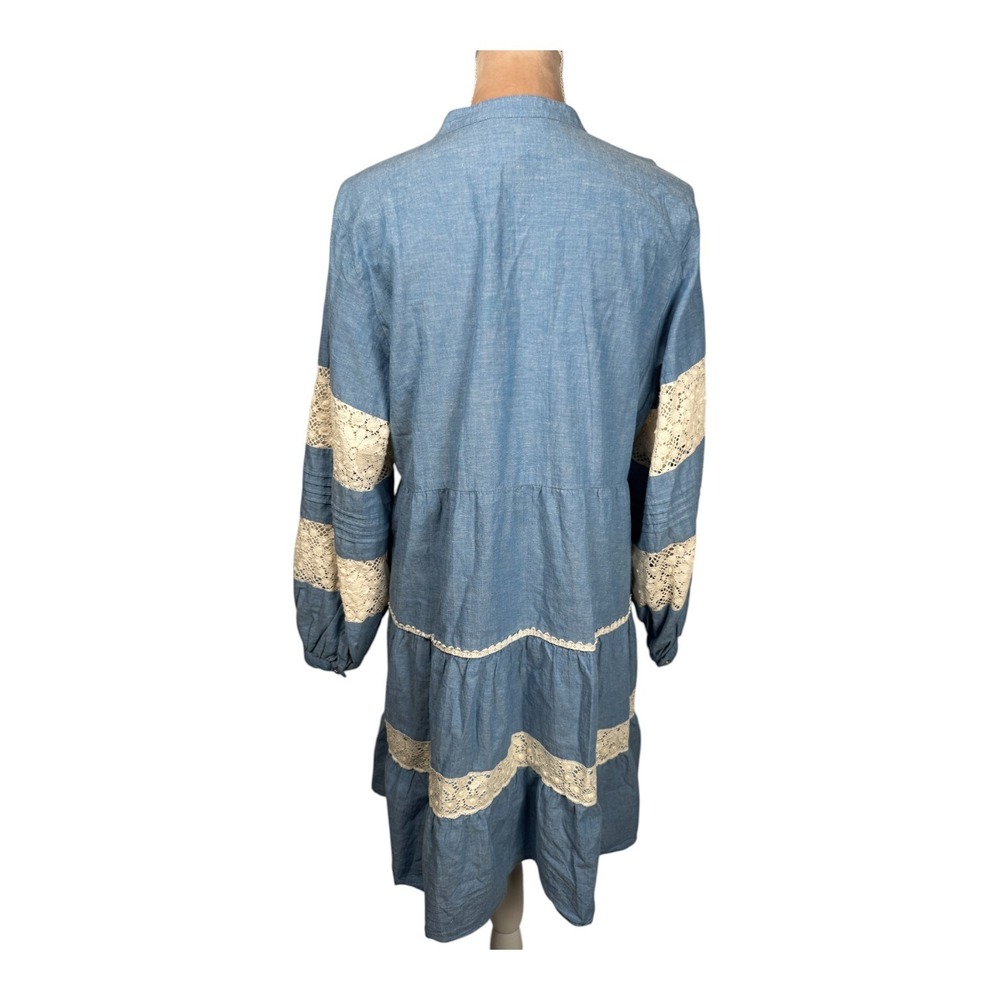 Johnny Was Laguna Pieced Dress Sz Lg Blue Chambray Tunic Lace Trim Bohemian Fall - Picture 9 of 16